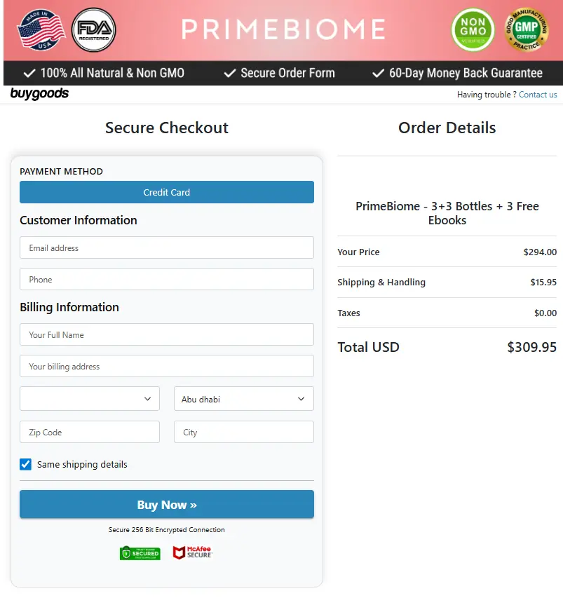 Prime Biome Secure Order Form Checkout Page